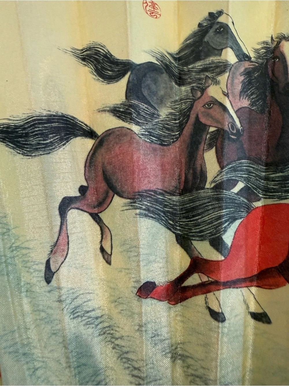 Vintage Chinese 8 Running Horses silk folding fan